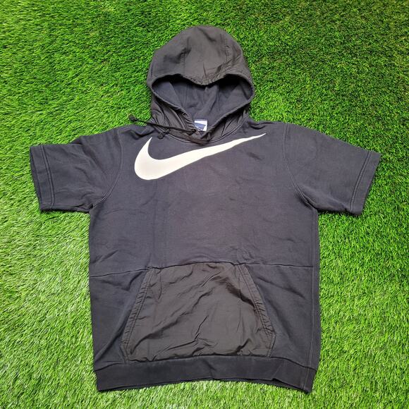 Nike Big Swoosh Mixed Media Hoodie Mens M Short Sleeve Relaxed Fit Nylon Pocket - Picture 1 of 5